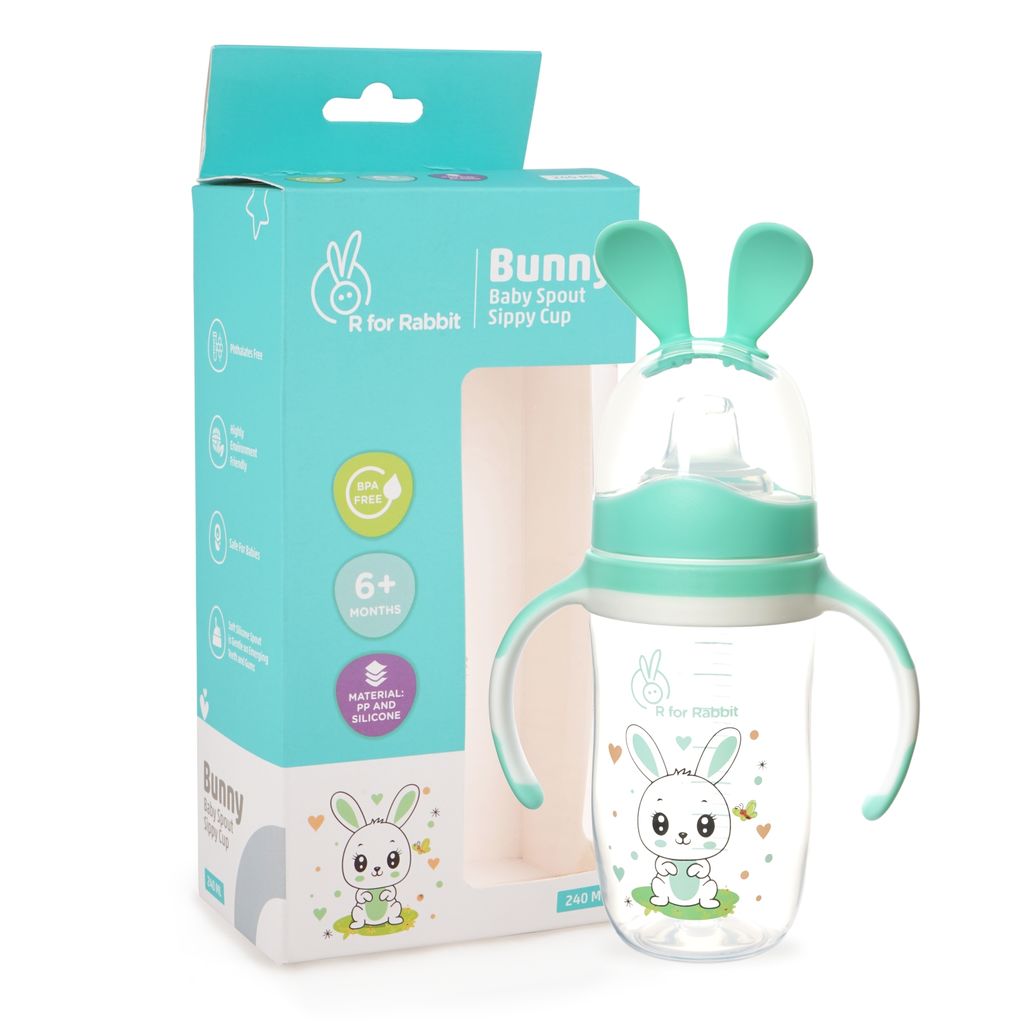 R for Rabbit Bunny Baby Spout Sippy Cup 240ML With Soft Silicon Spout For Baby 6 Months+ Green