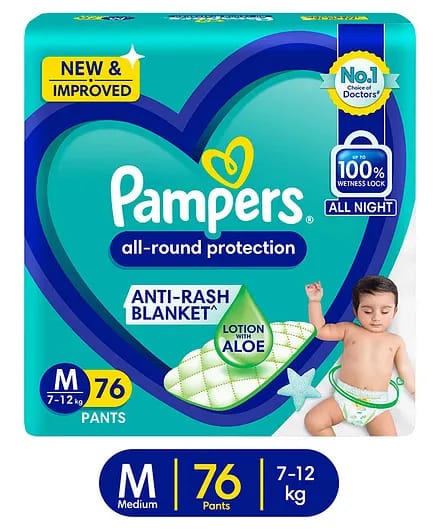 Pampers All round Protection Pants, Medium size baby diapers (M) 76 Count, Lotion with Aloe Vera