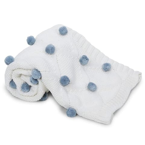haus & kinder 100% Cotton Knitted Blanket for New Born Baby | Baby All Season AC Blankets | Quilt Wrapper for New Born Boy & Girl | Size 80 cm x 100 cm, 0 to 2 Years | Bubblegum Blue Pom Pom