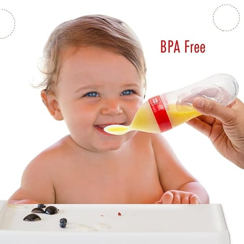 Mee Mee Squeezy Silicone Spoon Food Feeder for Babies of 6 to12 Months with in-Built Stand (Red)