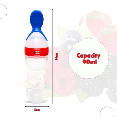Mee Mee Squeezy Silicone Spoon Food Feeder for Babies of 6 to12 Months with in-Built Stand (Red)
