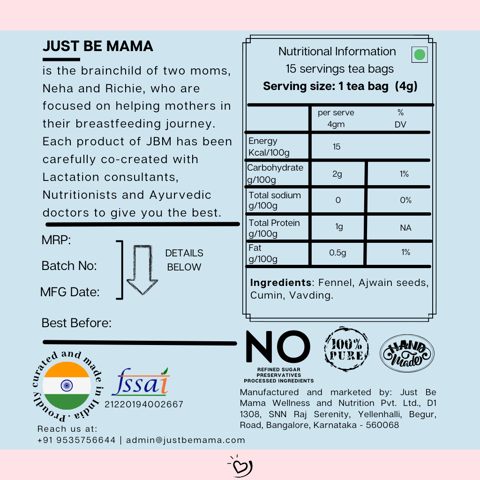 Just be Mama Paani - Da - Booster: Herbal Lactation Tea - 15 Tea Bags