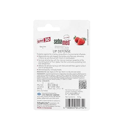 Sebamed Lip defense 4.8gm, Strawberry | SPF 30 |Lip balm for Dry & Chapped lips with natual oil & Vitamin E | UV protection | Dermatologically tested