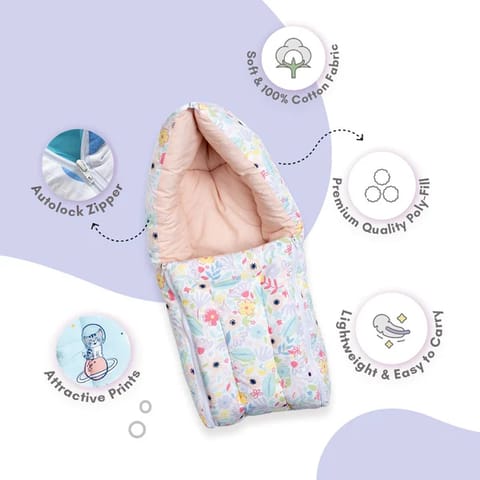 haus & kinder 3 in 1 Baby Sleeping Bag & Carry Nest | Cotton Bedding Set for Infants & New Born Baby | Portable/Travel & Skin Friendly | 0-6 Months (Ditsy Bloom)