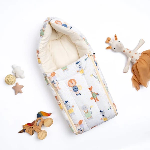 haus & kinder 3 in 1 Baby Sleeping Bag & Carry Nest | Cotton Bedding Set for Infants & New Born Baby | Portable/Travel & Skin Friendly | 0-6 Months (Jungle Party)