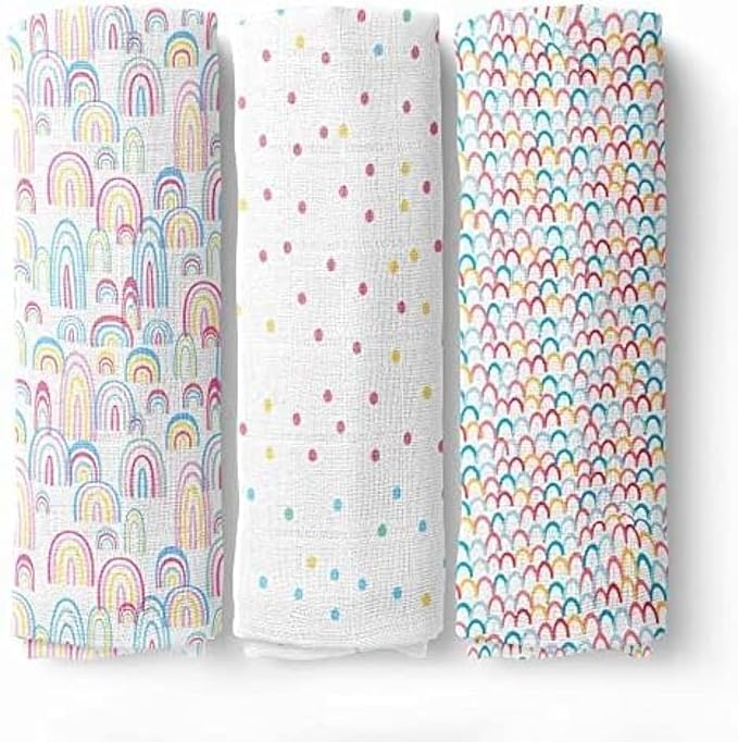 haus & kinder Aloha Collection 100% Cotton Muslin Baby Swaddle Wrap for New Born, Size 100 cm by 100 cm - Pack of 3 (Rainbow Swaddle)