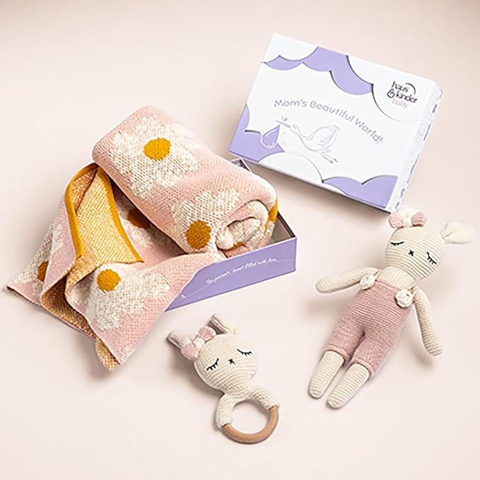 Haus and Kinder Cozy Baby Blanket - Pack of 3 | Rattle and Cuddle Toy | Soft Infant Blanket | Baby Shower Gift Set | Playful Baby Toy Trio | Adorable Knitted Toys | Safe Baby Rattle | Olly Baby