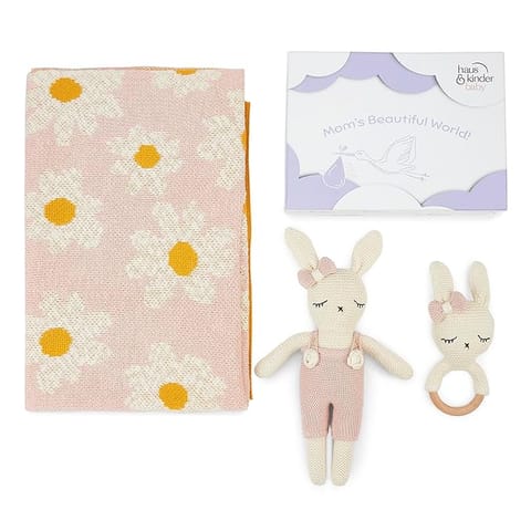 Haus and Kinder Cozy Baby Blanket - Pack of 3 | Rattle and Cuddle Toy | Soft Infant Blanket | Baby Shower Gift Set | Playful Baby Toy Trio | Adorable Knitted Toys | Safe Baby Rattle | Olly Baby