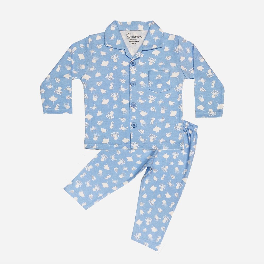 Snugkins Full Sleeves Baby Octopus Printed Pajamas | Night Suit | Sleep Wear for Baby/Kids | Boys and Girls | Fits 3-4 Years | Sky Blue
