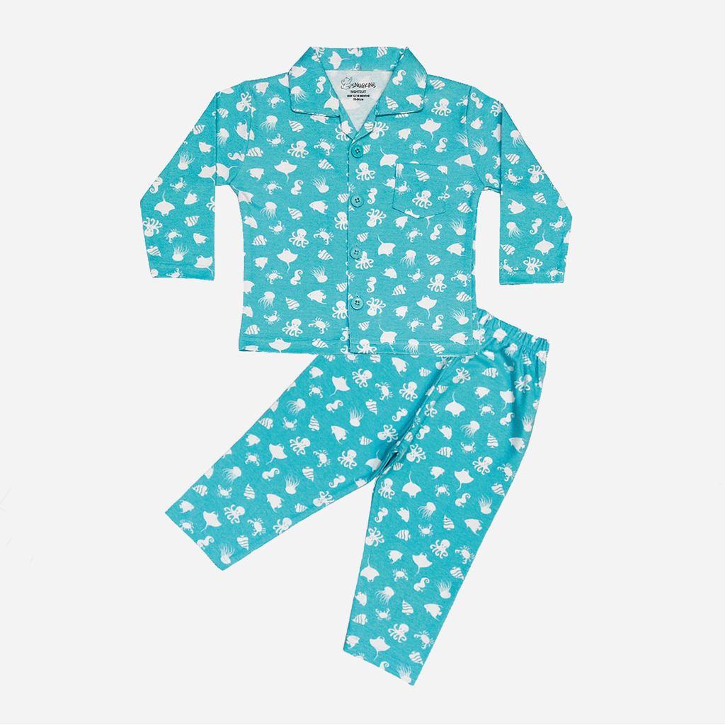 Snugkins Full Sleeves Baby Octopus Printed Pajamas | Night Suit | Sleep Wear for Baby/Kids | Boys and Girls | Fits 18-24 Months | Aqua Blue