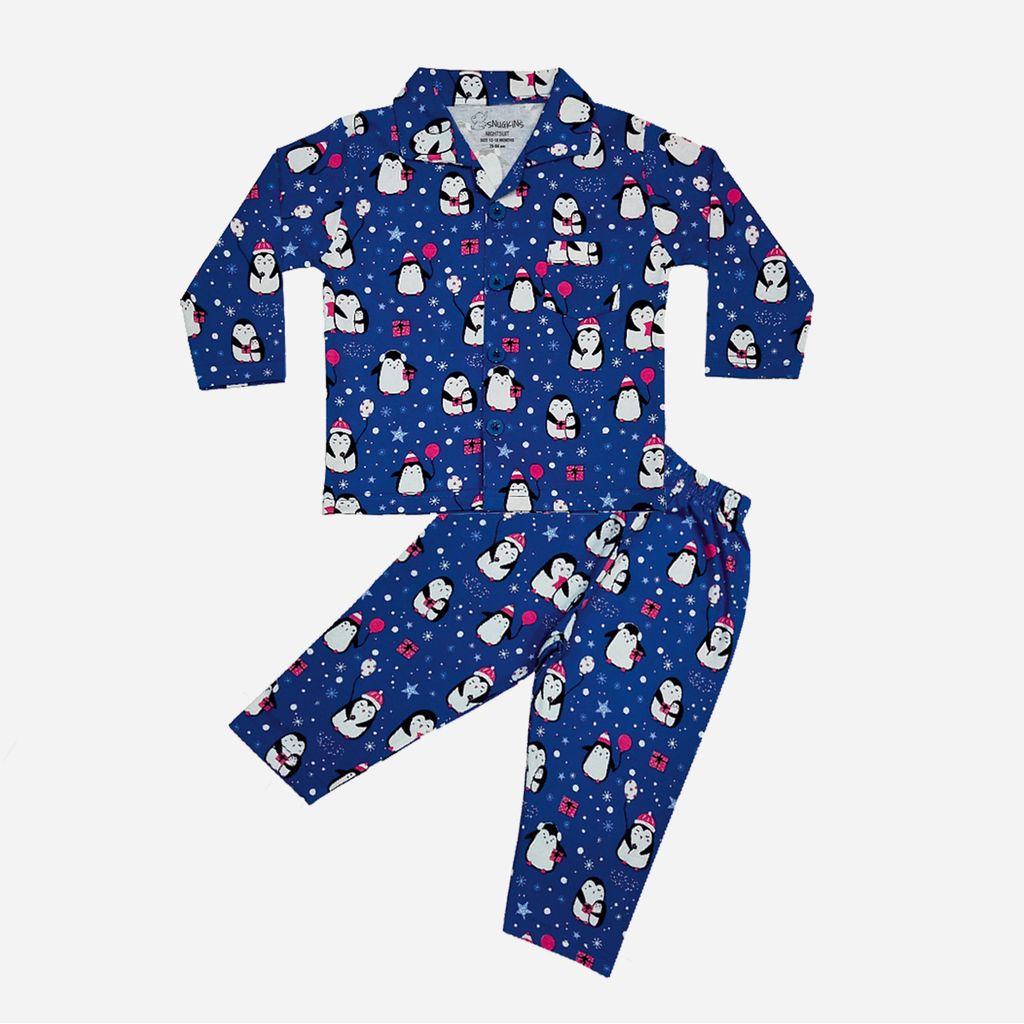 Snugkins Full Sleeves Baby Penguin Printed Pajamas | Night Suit | Sleep Wear for Baby/Kids | Boys and Girls | Fits 3-4 Years | Navy Blue