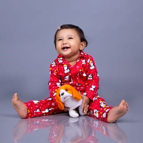 Snugkins Full Sleeves Baby Penguin Printed Pajamas | Night Suit | Sleep Wear for Baby/Kids | Boys and Girls | Fits 12-18 Months | Dark Red
