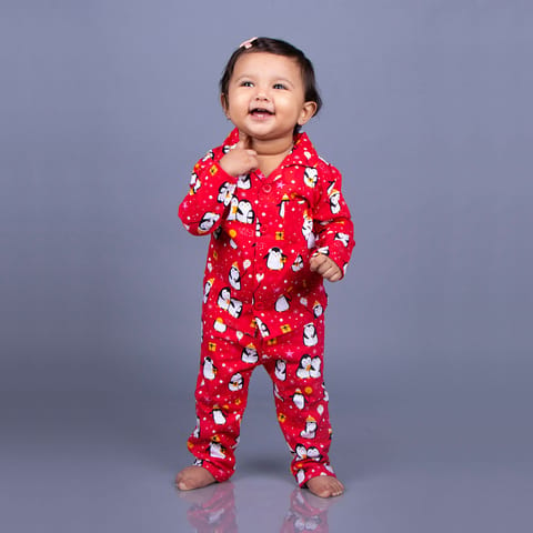 Snugkins Full Sleeves Baby Penguin Printed Pajamas | Night Suit | Sleep Wear for Baby/Kids | Boys and Girls | Fits 4-5 Years | Dark Red
