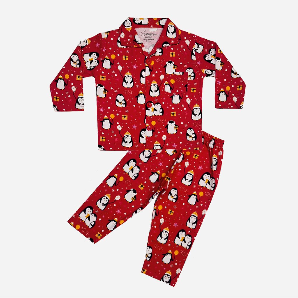 Snugkins Full Sleeves Baby Penguin Printed Pajamas | Night Suit | Sleep Wear for Baby/Kids | Boys and Girls | Fits 4-5 Years | Dark Red
