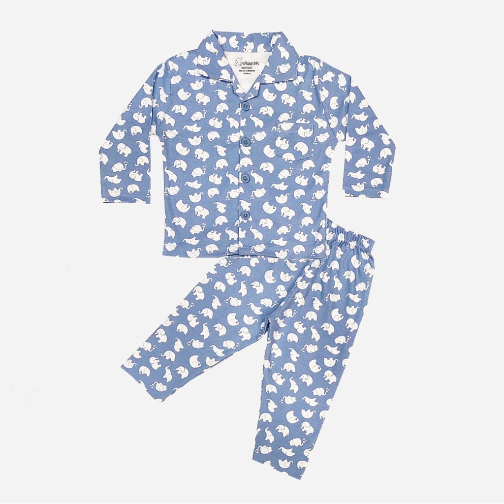 Snugkins Full Sleeves Baby Elephant Printed Pajamas | Night Suit | Sleep Wear for Baby/Kids | Boys and Girls | Fits 12-18 Months | Light Blue