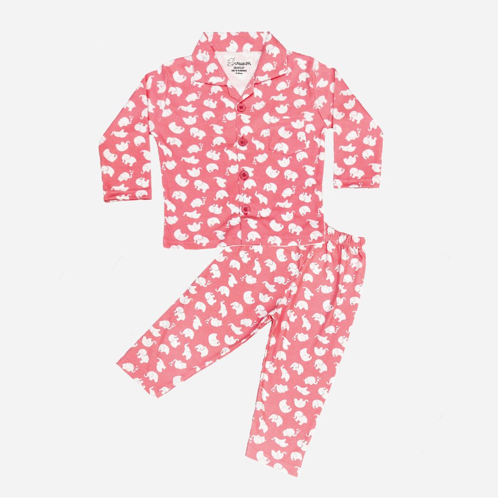Snugkins Full Sleeves Baby Elephant Printed Pajamas | Night Suit | Sleep Wear for Baby/Kids | Boys and Girls | Fits 5-6 Years |Red