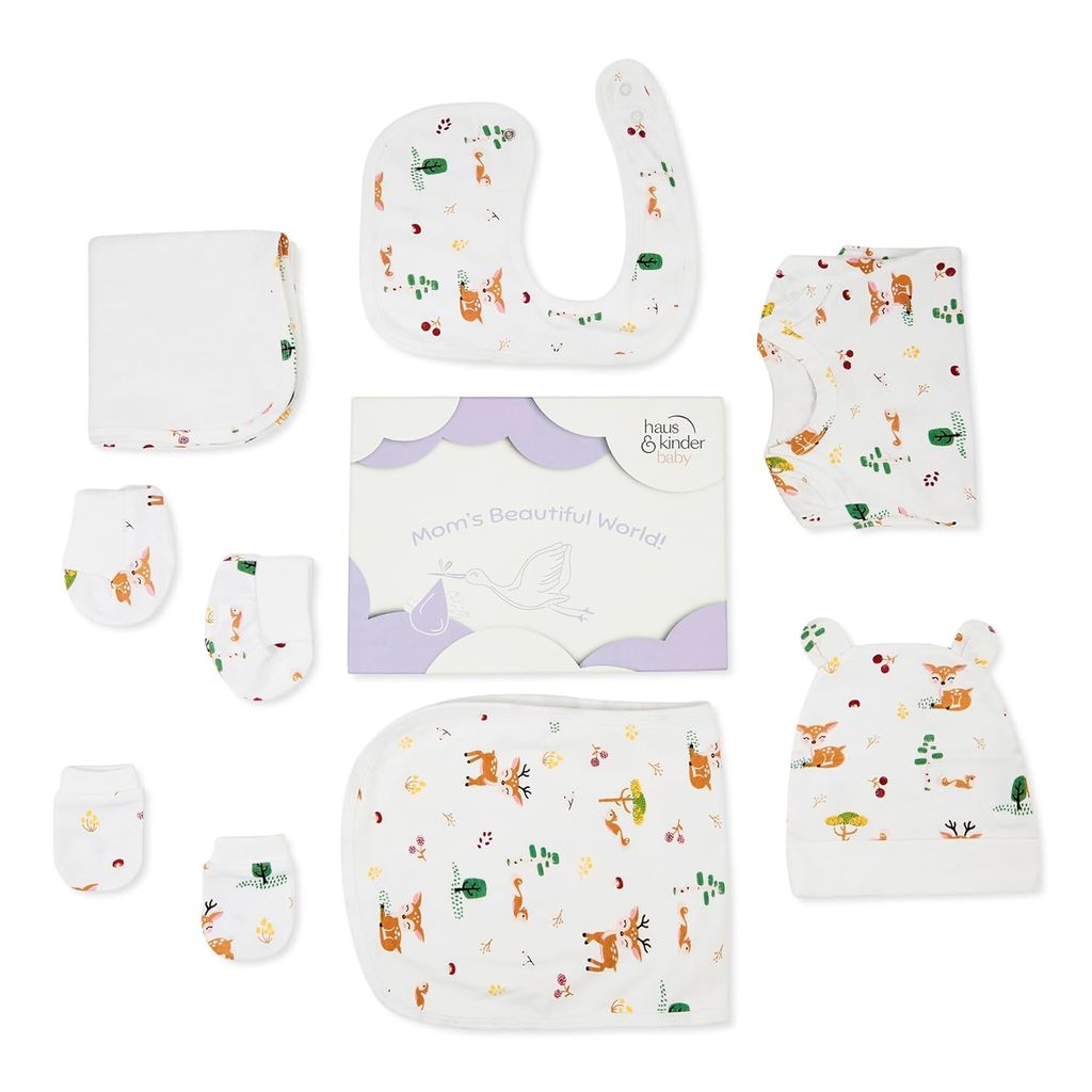 haus & kinder Baby Clothing Set All New Born Combo - Pack Of 5 | Essential Newborn Apparel | Baby Clothing Gift Set | Newborn Shower Gift | Newborn Gift Collection | Woodland Animal, White