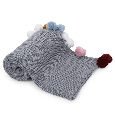 haus & kinder 100% Cotton Knitted Blanket for New Born Baby | Baby All Season AC Blankets | Quilt Wrapper for New Born Boy & Girl | Size 80 cm x 100 cm, 0 to 2 Years | Pom Pom Blanket (Grey)