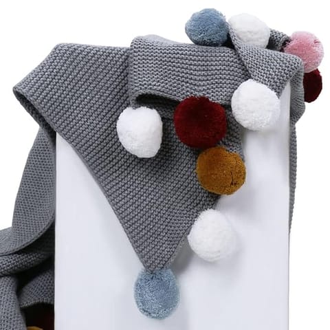 haus & kinder 100% Cotton Knitted Blanket for New Born Baby | Baby All Season AC Blankets | Quilt Wrapper for New Born Boy & Girl | Size 80 cm x 100 cm, 0 to 2 Years | Pom Pom Blanket (Grey)