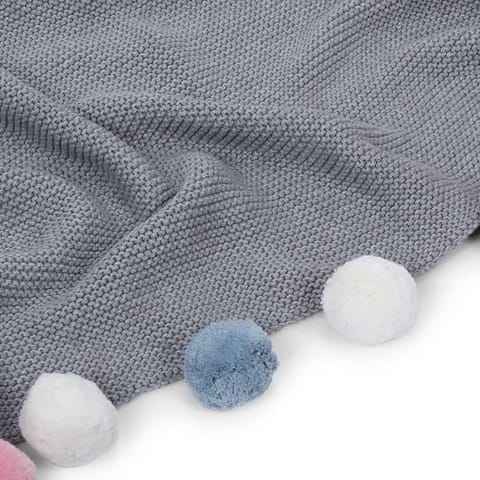 haus & kinder 100% Cotton Knitted Blanket for New Born Baby | Baby All Season AC Blankets | Quilt Wrapper for New Born Boy & Girl | Size 80 cm x 100 cm, 0 to 2 Years | Pom Pom Blanket (Grey)