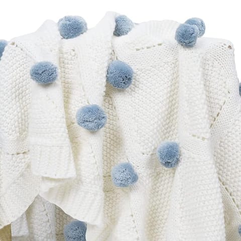 haus & kinder 100% Cotton Knitted Blanket for New Born Baby | Baby All Season AC Blankets | Quilt Wrapper for New Born Boy & Girl | Size 80 cm x 100 cm, 0 to 2 Years | Bubblegum Blue Pom Pom