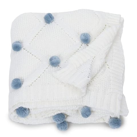 haus & kinder 100% Cotton Knitted Blanket for New Born Baby | Baby All Season AC Blankets | Quilt Wrapper for New Born Boy & Girl | Size 80 cm x 100 cm, 0 to 2 Years | Bubblegum Blue Pom Pom