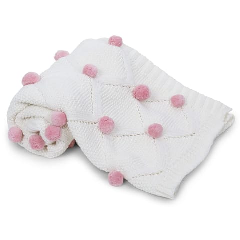haus & kinder 100% Cotton Knitted Blanket for New Born Baby | Baby All Season AC Blankets | Quilt Wrapper for New Born Boy & Girl | Size 80 cm x 100 cm, 0 to 2 Years | Bubblegum Pink Pom Pom