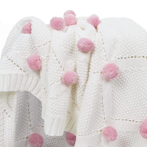 haus & kinder 100% Cotton Knitted Blanket for New Born Baby | Baby All Season AC Blankets | Quilt Wrapper for New Born Boy & Girl | Size 80 cm x 100 cm, 0 to 2 Years | Bubblegum Pink Pom Pom