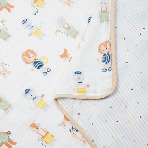 haus & kinder 100% Cotton Reversible Muslin Blanket For Newborn Baby Boy And Girl, Triple Layer Blanket 0-2 Years, Size- 120 Cm X 120 Cm (Jungle Party), Beige, 200 TC