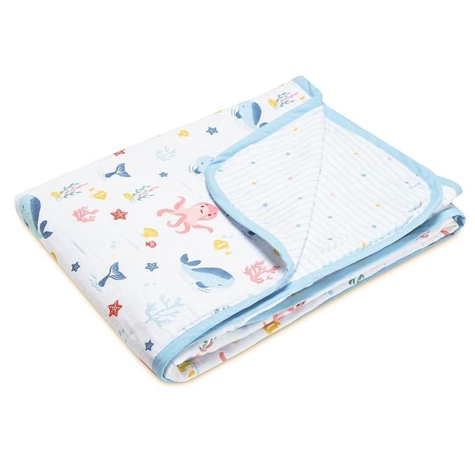 haus & kinder 100% Cotton Reversible Muslin Blanket For Newborn Baby Boy And Girl, Triple Layer Blanket 0-3 Years, Size- 120 Cm X 120 Cm (Vitamin Sea, Blue), 200 TC