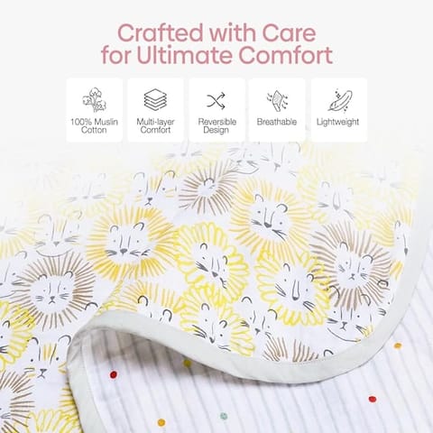 haus & kinder R 100% Cotton Reversible Muslin Blanket For Newborn Baby Boy And Girl, Triple Layer Blanket 0-3 Years, Size- 120 Cm X 120 Cm (Roarsome, Yellow), 200 TC
