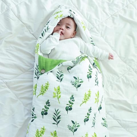 Haus and Kinder 3 in 1 Baby Sleeping Bag and Carry Nest | Cotton Bedding Set for Infants and New Born Baby | Portable and Travel Friendly | 0-6 Months (Be-Leaf in Yourself)
