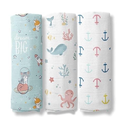 haus & kinder Oasis Collection 100% Cotton Muslin Baby Swaddle Wrap for New Born, Size 100 cm by 100 cm - Pack of 3 (Spacewalk, Ocean, Anchor, Multicolor)