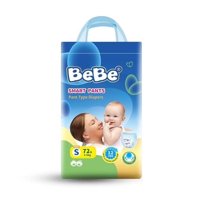 BeBe Baby Diaper Pants - Small Pack of 1, 3-6 Kg Triple Leakage Protection & Extra Comfort, Jumbo Pack (72 Piece, S)
