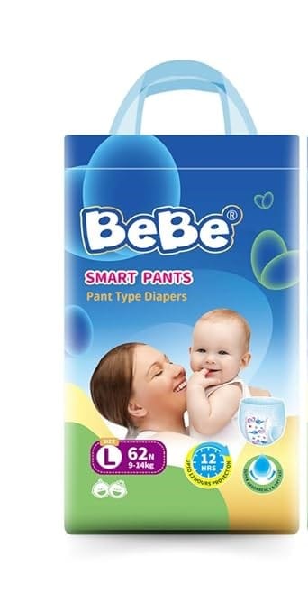 BeBe Baby Diaper Pants - Large, 9-14 Kg Triple Leakage Protection & Extra Comfort, Jumbo Pack (62 Piece, L)