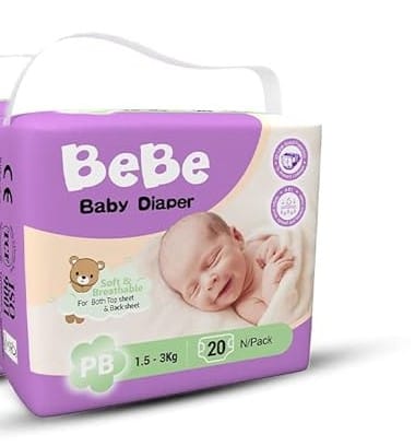BeBe Baby Complete Care Diaper - Tape Style - Premature/ Neonatal-(1.5 to 3 Kg), Custom fit, super soft band, All night Protection, 100% Wetness Lock, Adjustable fit with 5 star skin protection (20 pieces,PB)