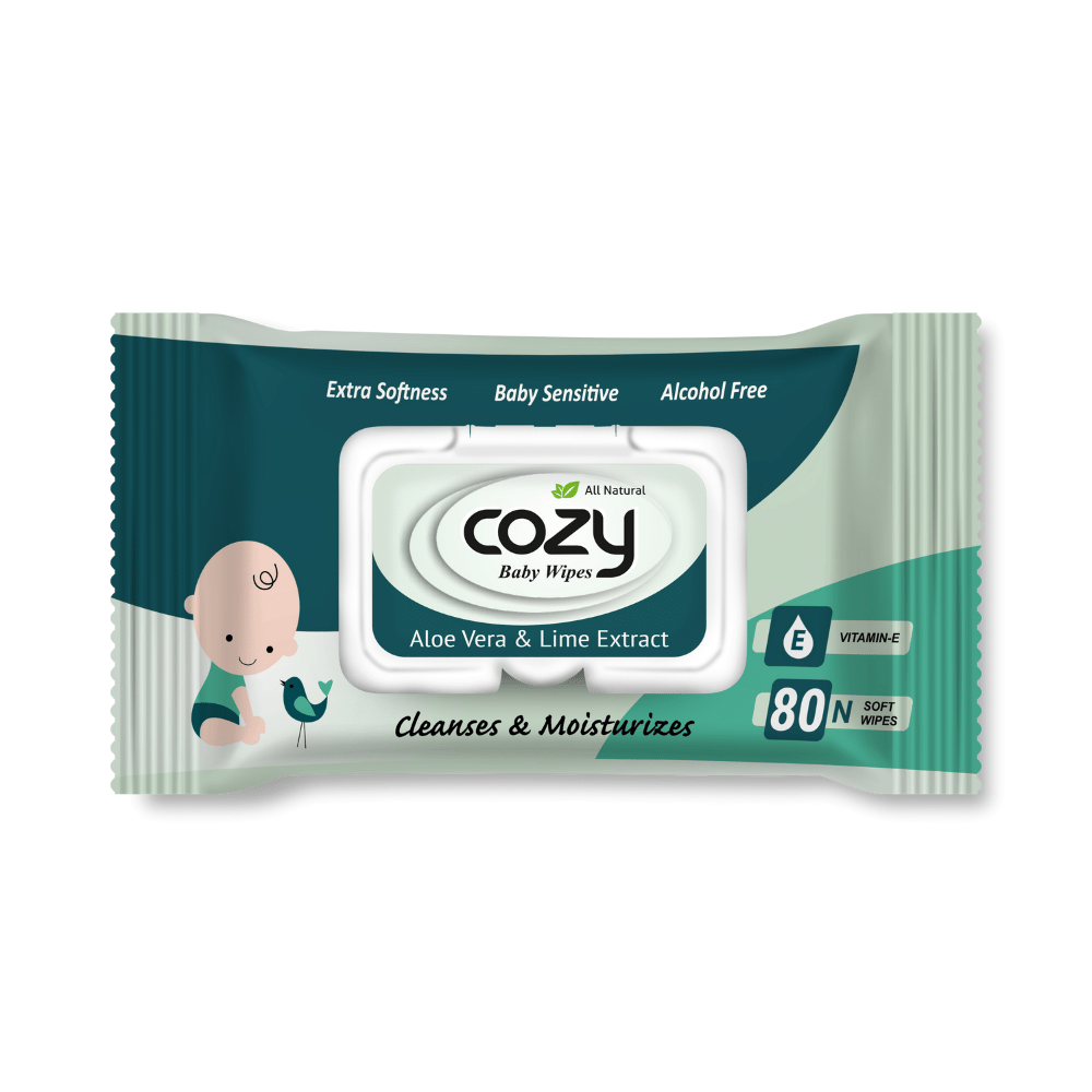 Cozy Baby Wipes, Green Alcohol free, soft and strong, aloe vera and lime extract, vitamin E, Extra softness, baby sensitive, alcohol free, 15 cm x 20 cm(80Pcs)