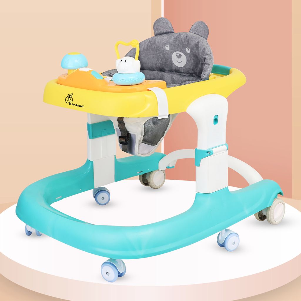 R for Rabbit Little Feet Sportz Baby Walker 2-In-1 Walker Turn Push Walker With Detachable Toy Bar With Meal Tray Green Yellow