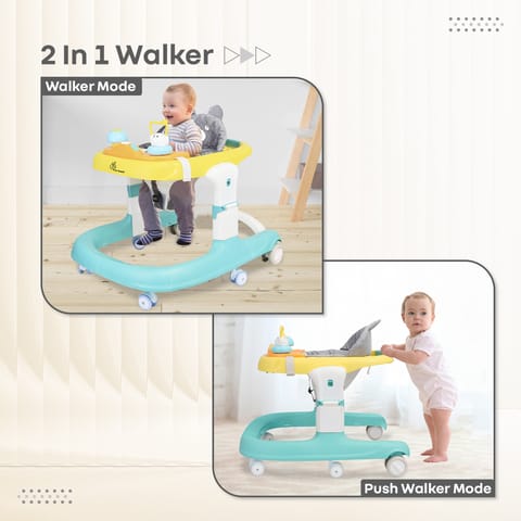 R for Rabbit Little Feet Sportz Baby Walker 2-In-1 Walker Turn Push Walker With Detachable Toy Bar With Meal Tray Green Yellow