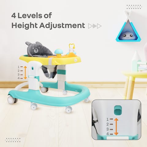 R for Rabbit Little Feet Sportz Baby Walker 2-In-1 Walker Turn Push Walker With Detachable Toy Bar With Meal Tray Green Yellow