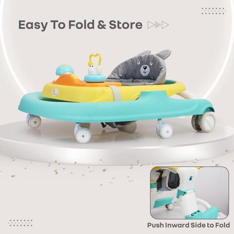 R for Rabbit Little Feet Sportz Baby Walker 2-In-1 Walker Turn Push Walker With Detachable Toy Bar With Meal Tray Green Yellow