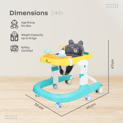 R for Rabbit Little Feet Sportz Baby Walker 2-In-1 Walker Turn Push Walker With Detachable Toy Bar With Meal Tray Green Yellow