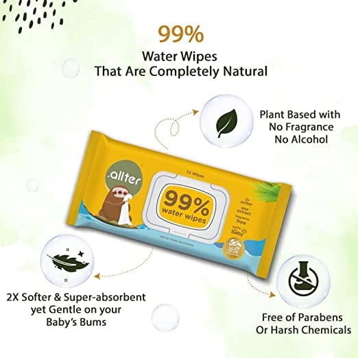 Allter 99% Water Baby Wipes, Pack of 1 (72  wipes)- Unscented, 2X Softer, Plant based