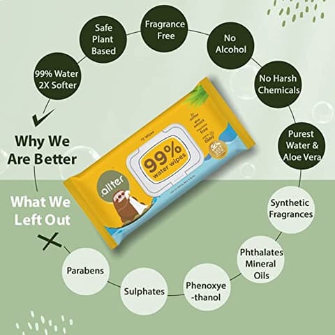 Allter 99% Water Baby Wipes, Pack of 1 (72  wipes)- Unscented, 2X Softer, Plant based