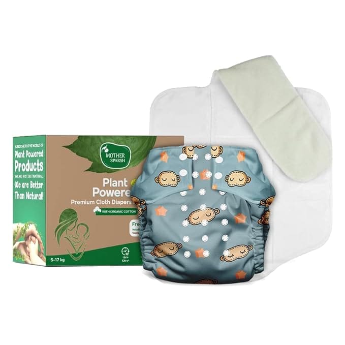 Mother Sparsh Plant Powered Cloth Diaper for Babies-Free Size | Medical Grade Fabric with 100% Organic Cotton | Reusable 13 Layer Breathable Soaker with Built-in Booster Pad | (Domino Night)