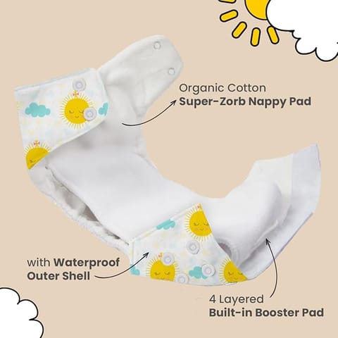 Mother Sparsh Plant Powered Cloth Diaper for Babies-Free Size | Medical Grade Fabric with 100% Organic Cotton | Reusable 13 Layer Breathable Soaker with Built-in Booster Pad | (Domino Night)