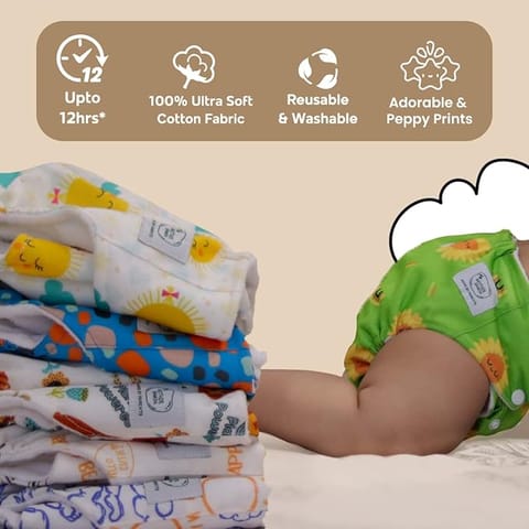 Mother Sparsh Plant Powered Cloth Diaper for Babies-Free Size | Medical Grade Fabric with 100% Organic Cotton | Reusable 13 Layer Breathable Soaker with Built-in Booster Pad | (Domino Night)