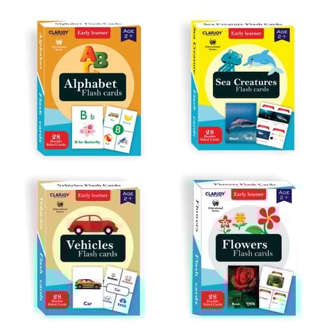 Clapjoy Double Sided Flash Cards for Kids (Z4-Alphabet,Sea Creature,Vehicles & Flowers)