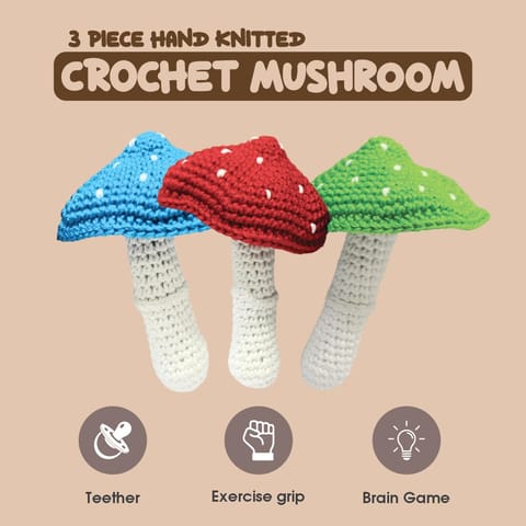 Clapjoy Soft Hand Knitted Cotton Crochet Cute Mushroom Teether Toy Pack of 3(Red, Blue, Green)|Crochet Toy|Handmade|Child Safe|for Birthday,Return Gifts & Perfect for Decoration