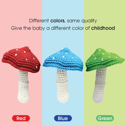 Clapjoy Soft Hand Knitted Cotton Crochet Cute Mushroom Teether Toy Pack of 3(Red, Blue, Green)|Crochet Toy|Handmade|Child Safe|for Birthday,Return Gifts & Perfect for Decoration